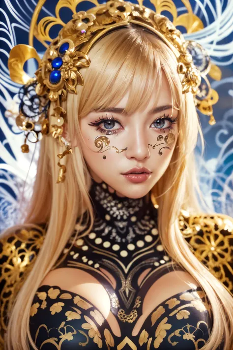 Ray Tracing, Global Illumination, 1girl, chibi:1.19, dark_goldenrod large eyes, detailed face, detailed eyes, natural blonde, long hair, straight hairstyle, excited_face, shiny skin, large breasts, thick thighs, (zentangle:1.2), (fractal art:1.1), (dynamic pose), (abstract background:1.5), (body painting:1.2), many colors, ultra realistic:1.4,
 mandatory kinda