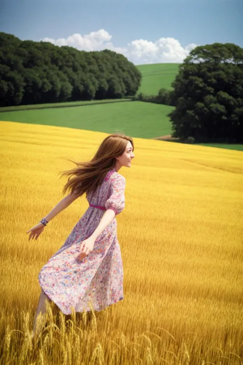 a pretty hippy running carefree through a wheatfield. 1968. flowery summer dress. (candid photograph, film grain, 35mm, ISO200, ...