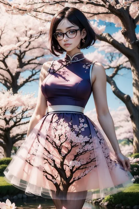 a woman in a dress and glasses standing in front of a tree