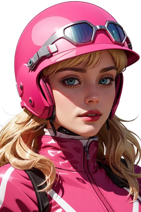 1woman, <lora:Penelope_Pitstop:.8> penelope_pitstop, blond hair, pink helmet,close-up