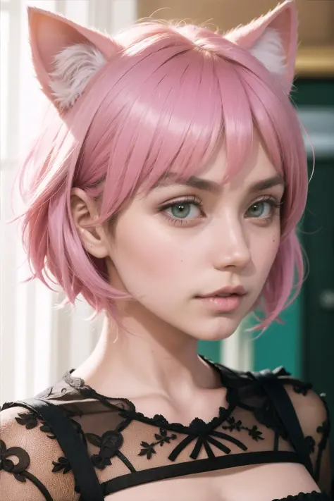 (amia:0.8), closed mouth, cat ears, pink hair, short hair, head shot, face focus, slim, slender, looking at viewer, (masterpiece), (best quality:1.2), absurdres, intricate details, rimlit, (highly detailed skin:1.2),