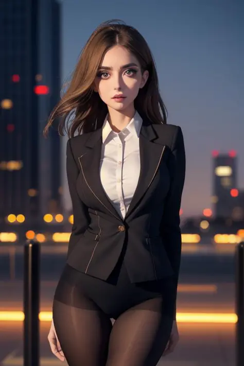 3/4 shot of a beautiful thin petite Caucasian woman in flight attendant suit and dark color pantyhose, standing, spreading, skyline in the background out of focus, outside, detailed face, thick jawlines, big eyes, skin details, intricate details, muted colors, cinematic, grain, sharp focus, best quality, masterpiece