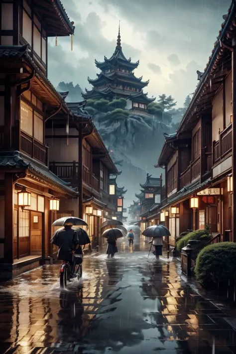 arafed view of a village with a lot of lights on the buildings, dreamy chinese town, chinese village, amazing wallpaper, japanese town, japanese village, hyper realistic photo of a town, old asian village, japanese city, by Raymond Han, rainy evening, cyberpunk chinese ancient castle, beautifully lit buildings, at evening during rain, beautiful and aesthetic, photography, cinematic, 8k, high detailed ((Heavy rain)))