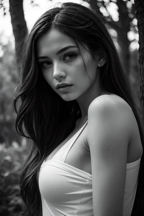 Black and White Photography,Masterpieces,Professional Photos,monochrome,(masterpiece, best quality:1.2),intricate details,<lora:GoodHands-vanilla:1>,1girl,greyscale,solo,realistic,long hair,looking at viewer,lips,upper body,shadow dramatic lighting,tree,bare shoulders,blurry,