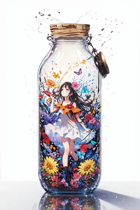 (masterpiece, best quality, high quality, highres, ultra-detailed),  <lora:bottle2-000026:0.6>, phgls, in container, bottle,1girl,simple background,