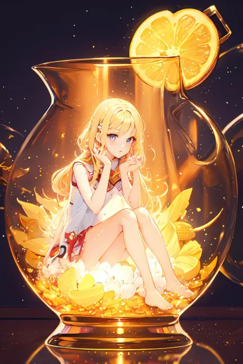 phgls, cup, in container, (masterpiece:1.6, best quality), (finely detailed beautiful eyes: 1.2), 1girl, solo, sitting, blonde h...