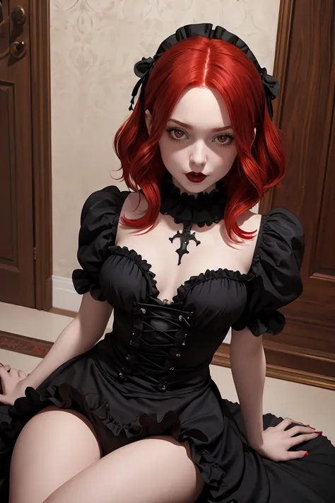 (masterpiece, best quality), 1girl, red hair, medium chest, gothic frill dress, pervert face, <lora:add_detail:1>