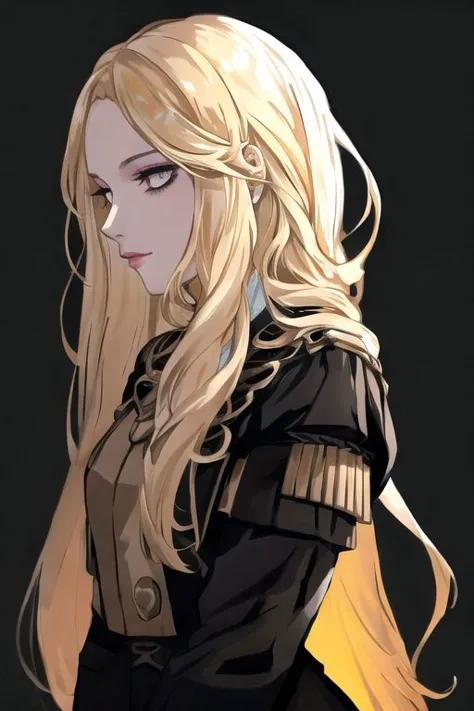 a woman with long blonde hair and a black jacket