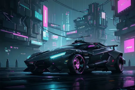 a futuristic car in a city at night with neon lights