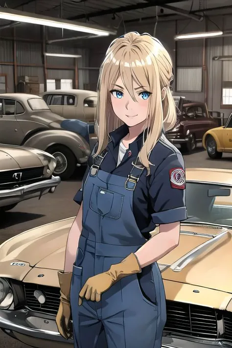 ultra detailed, 1girl,blond hair, blue eyes,slim ,smile,Upper body up,Various poses,face covered with oil,
work clothes,dirty wo...