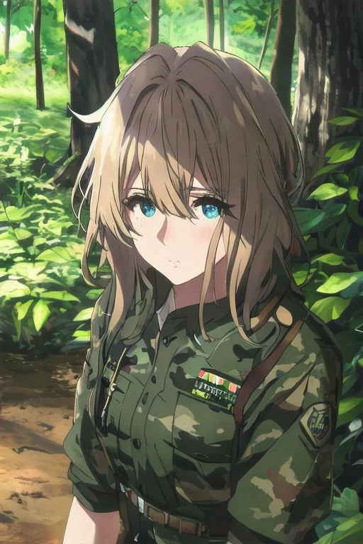 1 woman, beautiful, cute, detailed full body shot, Upper body up,wearing army camouflage uniform, rifle, forest, camp,
Brown Gloves,large breasts,blue eyes,blond hair,disheveled hair,
Beautiful light and shadow in the forest,