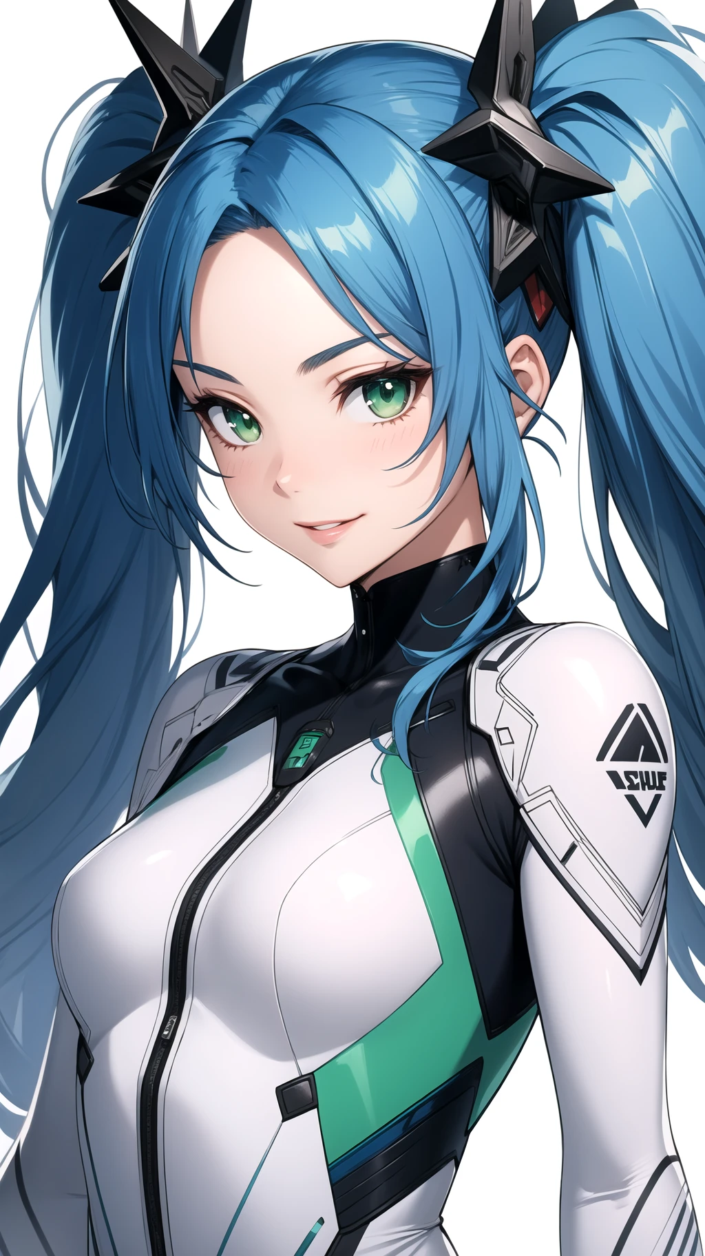 (masterpiece, best quality), intricate details, thin, ((slim)), beautiful girl, perfect face, expressive eyes, blue hair, twintail, white skin, green eyes, sharp jawline, bodysuit, messy hair, plump lips, upper body, smile, closed mouth,