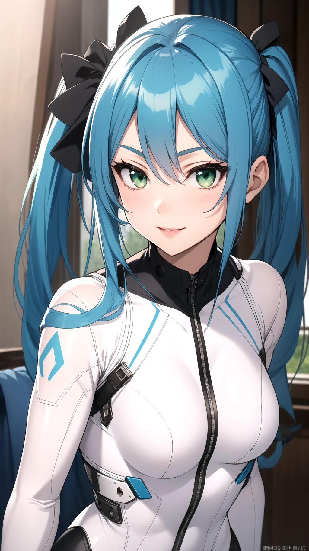 (masterpiece, best quality), intricate details, thin, ((slim)), beautiful girl, perfect face, expressive eyes, blue hair, twintail, white skin, green eyes, sharp jawline, bodysuit, messy hair, plump lips, upper body, smile, closed mouth,