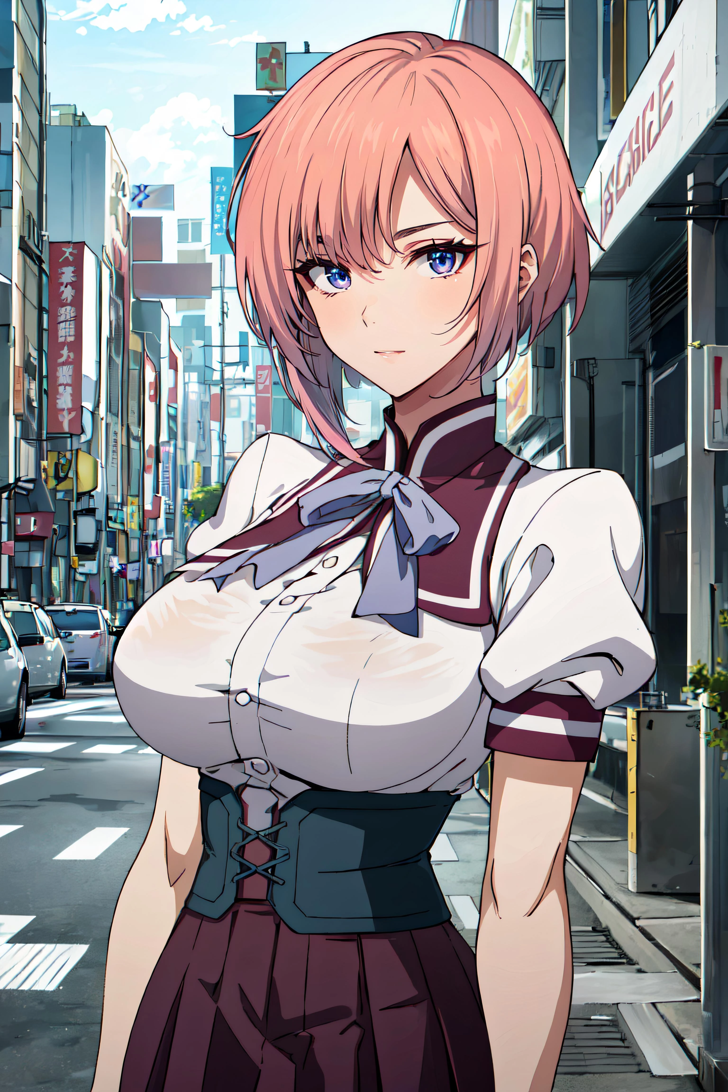 (masterpiece, best quality, ultra detailed, absurdres)1.5, 1girl, (sexy, beautiful woman, perfect face, perfect eyes, perfect female body, huge breasts)1.5, (shiorismt, short hair, pink hair, , ), (standing, outdoors, Japanese city), perfect lighting, smooth, hdr