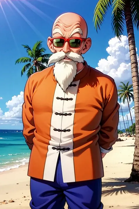 best quality, masterpiece, muten roushi, solo, male focus, 1boy, arms behind back, facial hair, bald, old man, sunglasses, beard, (upper body), island, palm tree,ocean, standing, smile, smile, (closed mouth:1.1), mustache, (blue pants), chinese clothes, white hair, red-framed eyewear, orange jacket, green-tinted eyewear, long sleeves