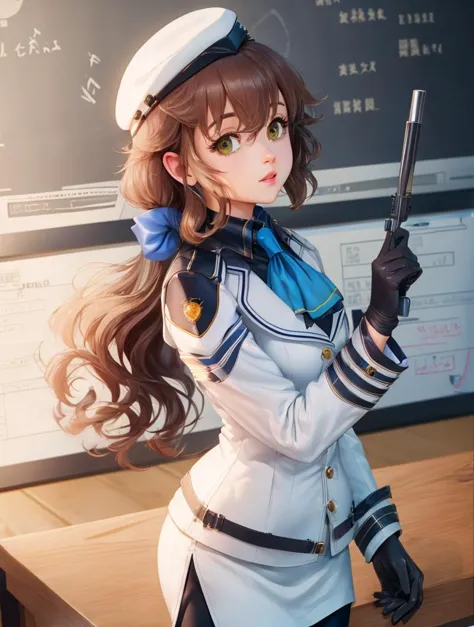 masterpiece, ultra high quality cg, best quality, towa herschel, hat, blue ascot, white jacket, white skirt, black leggings, black gloves, conference room, whiteboard, left hand