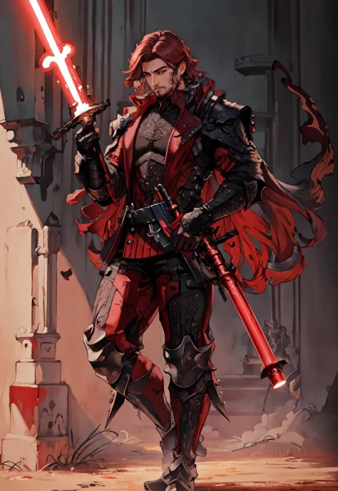 <lora:FF14CharArt:0.9>,masterpiece,best quality,painting of a man,((shadowdancer, intricate outfit, Lightsaber Red theme)),:q lo...