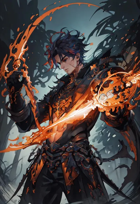 masterpiece,best quality,painting of a man,((runecaster, intricate outfit, Bright Orange theme)),guilty look,sinewy slender man,big hair,Dazzling Blue hair,sideburns,Ice Gray eyes,tiny,tropical forest,intricate background,dynamic pose,action scene