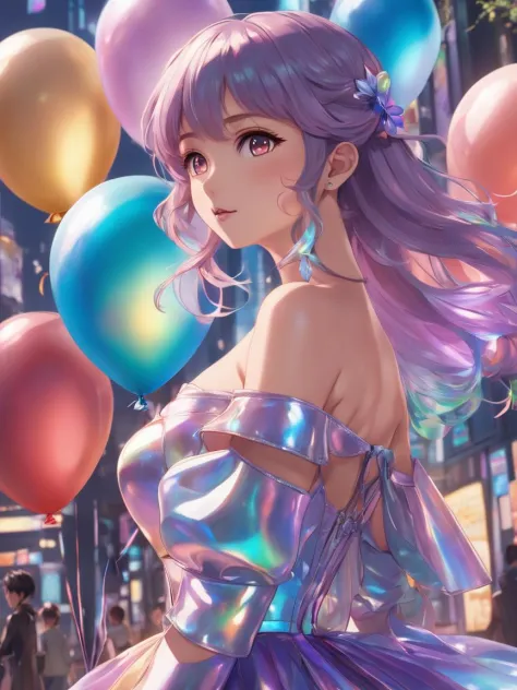 anime artwork beautiful woman wearing an iridescent Off-the-Shoulder Dress, Balloon Cities, Swaggering, <lora:xl_iridescent_clot...