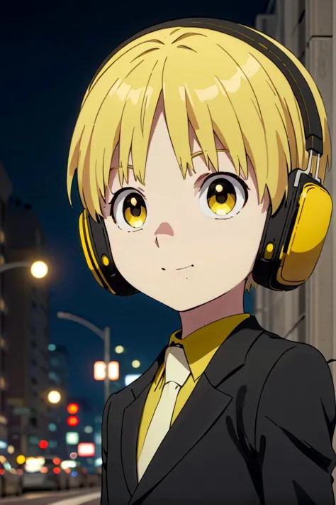 a close up of a person wearing headphones on a city street