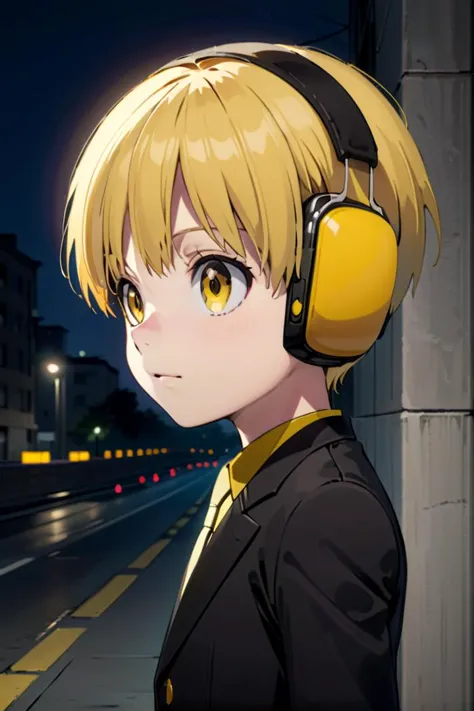 anime girl with headphones on waiting for a bus