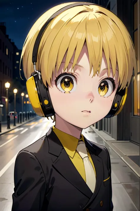 anime character with headphones on in a city street