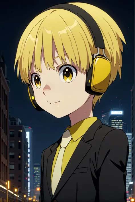 a close up of a person wearing headphones in a city