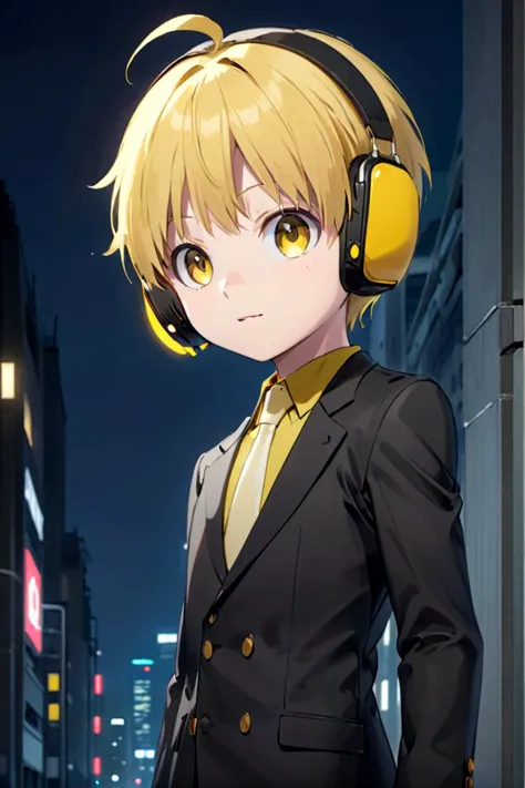 a close up of a person wearing headphones in a city