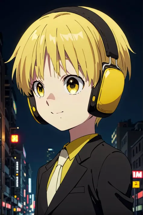 <lora:nobimaru-000009:0.7>
one 12-year-old boy named nobimaru, standing alone in a city, he has amber colored eyes,  he has yellow hair and he is wearing yellow headphones,
he wars a black suit,
draw it in the style of Kemono Jihen,
The soft lighting and detailed surroundings create an immersive environment where imagination runs wild hyper-detailed,
hyper-detailed face, high quality visuals, dim Lighting, sharply focused, octane render, 8k UHD