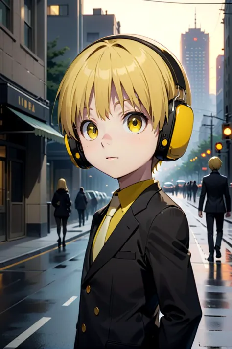 <lora:nobimaru-000009:0.7>
one 12-year-old boy named nobimaru, standing alone in a city, he has amber colored eyes,  he has yellow hair and he is wearing yellow headphones,
he wars a black suit,
draw it in the style of Kemono Jihen,
The soft lighting and detailed surroundings create an immersive environment where imagination runs wild hyper-detailed,
hyper-detailed face, high quality visuals, dim Lighting, sharply focused, octane render, 8k UHD