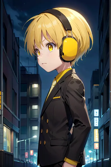 a close up of a person wearing headphones in a city