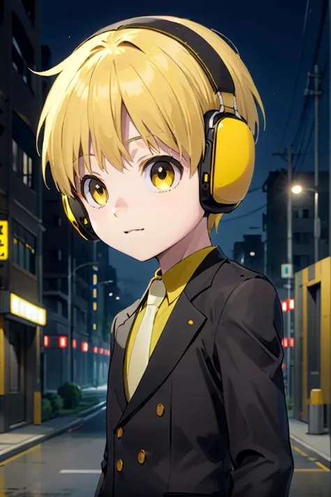 anime character with headphones standing in the middle of a city street