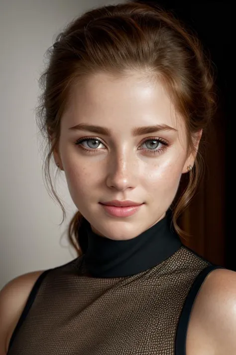 a close up of a woman with a black top and a black top