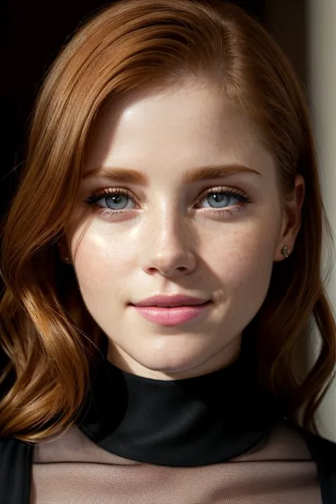 a close up of a woman with red hair and a black top