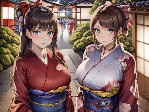 two women in kimono outfits standing in front of a building