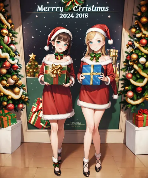 two anime girls in santa outfits holding presents in front of a christmas tree