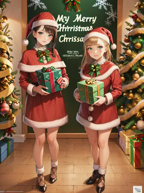 two anime girls in santa hats holding presents in front of a christmas tree