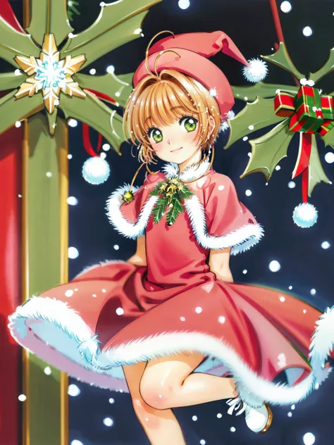 anime girl in a red dress and santa hat sitting on a pole