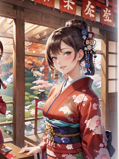 anime girl in kimono outfit standing in front of a japanese house