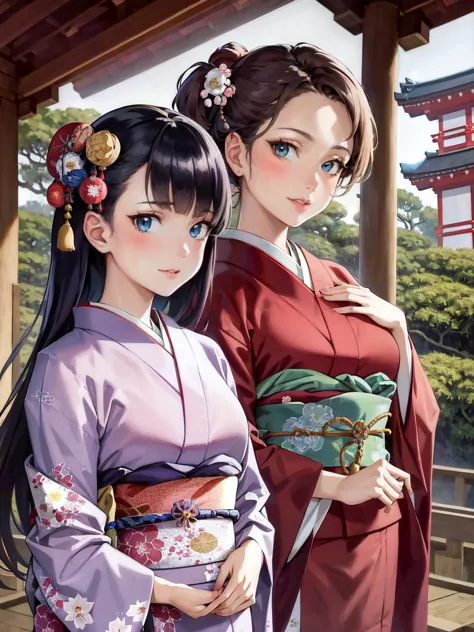 two women in kimono outfits standing next to each other