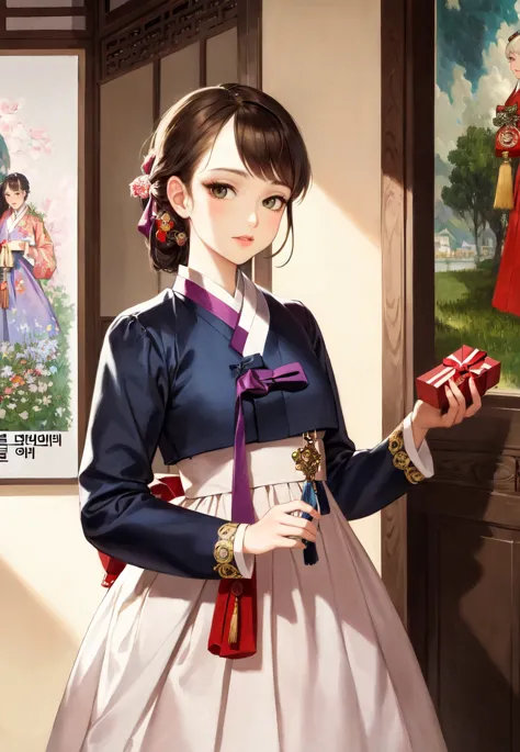 anime girl in traditional dress holding a gift in front of a painting