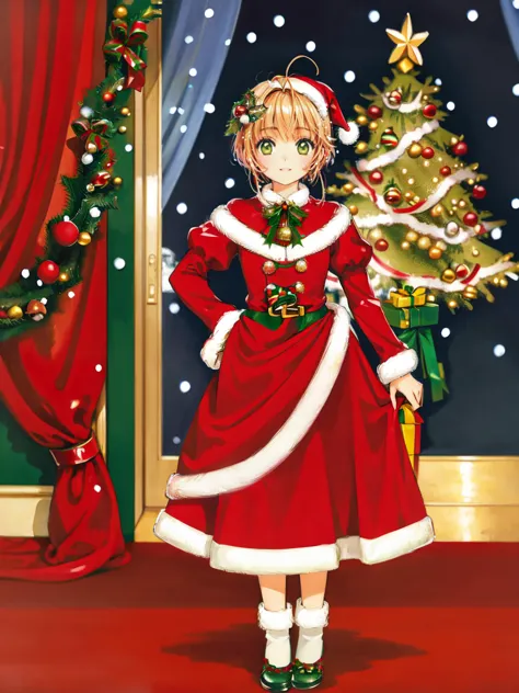 (masterpiece, best quality, ultra-detailed, illustration, painting), best illumination, finely detail,
(poster illustration), 
<lora:clampCardcaptorSakura_v10:0.8>
(kinomoto sakura:1.1),
solo, green eyes, blonde hair, short hair, hair ornament, (parted lips:0.6), bangs, antenna hair,
(wearing a christmas dress:1.32),
oil painting by ((alphonse mucha:0.8), Claude Monet), (1girl:1.2), (full body:1.2),
ornate mansion's foyer,
(detailed christmas background:1.2), (looking at viewer), (intricate details),
SHARP, (highres), (HIGH DETAIL:1.2), finely detailed, soft lighting, beautiful detailed glow,