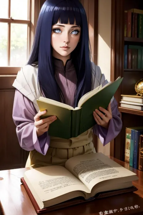 anime girl reading a book in a library with a window