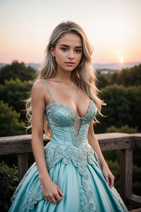 detailed:1.3, 8K, photo of a young norwegian woman, 20 yo, sexy,  long messy silver hair, (intricately detailed turquoise vintage ball gown), detailed face, big high detailed eyes, plump lips, cute, amazing body, no bra, (tan:1.2), sharp focus, high resolu...