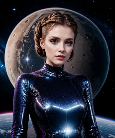 a woman in a shiny suit standing in front of a planet