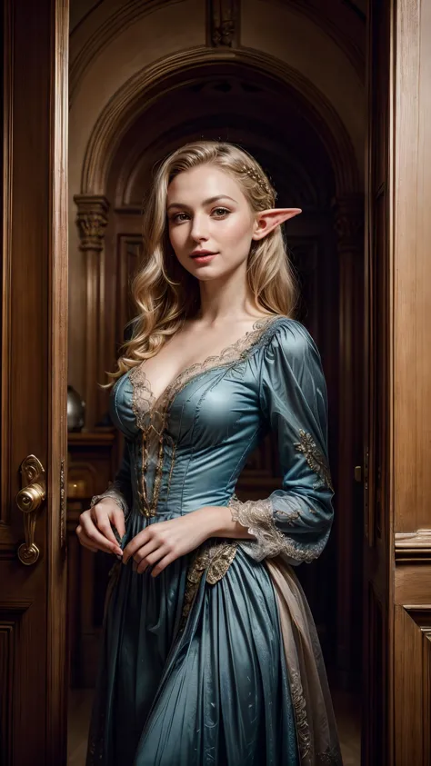 A portrait of an (elven woman:1.25) wearing a beautiful high quality Victorian dress, standing on a mansion balcony waving, Victorian-setting, high-quality-colors, low-angle-close-shot, (((Ultra-HD-details, Ultra-HD-detailed, Ultra-HD-realistic))), ((lifel...