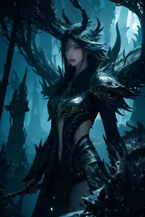 a woman in a black dress with horns and wings standing in a forest