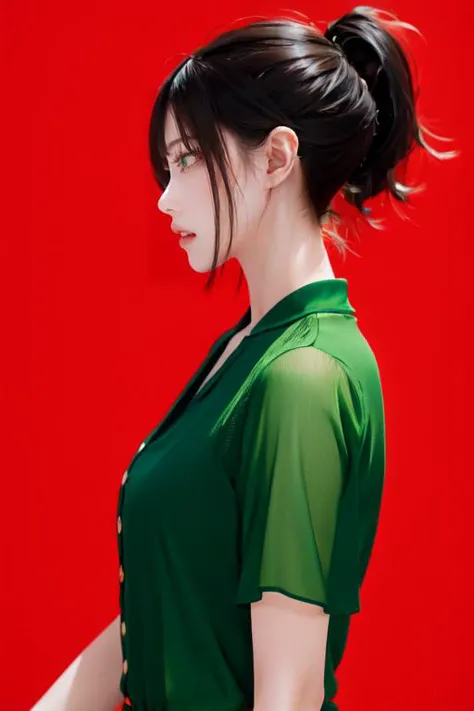 a woman in a green dress standing in front of a red wall