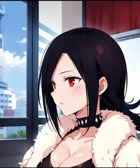 <lora:MatoiKazamaki:0.8>,1girl,matoiboss,long hair, spiky hair ,mature woman, milf,cleavage,background is planning room,calm and collected,,black dress, white fur coat,red eyes