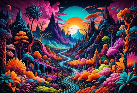 Hyper-maximalist, extremely intricate, chaotic, abstract, bedlam, landscape, vibrant neon colours